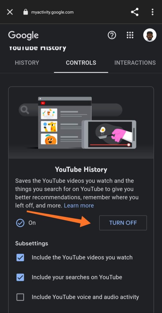Turn Off YouTube history page