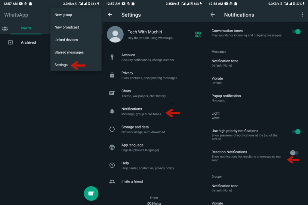 WhatsApp message reaction notification disable