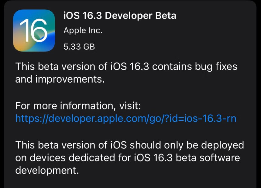 iOS 16.3 Beta 1 update size